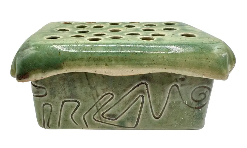 Signed LST Studio Art Pottery Lidded Flower Frog Vase Bowl Ikebana Blue Green