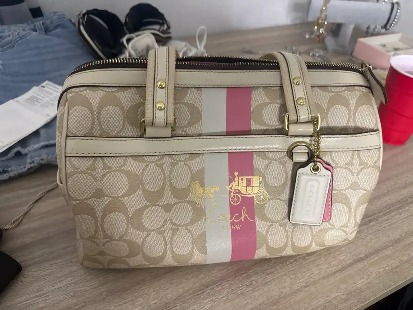 Coach Signature Stripe Satchel Purse | Khaki Canvas & White Leather | Style 13190