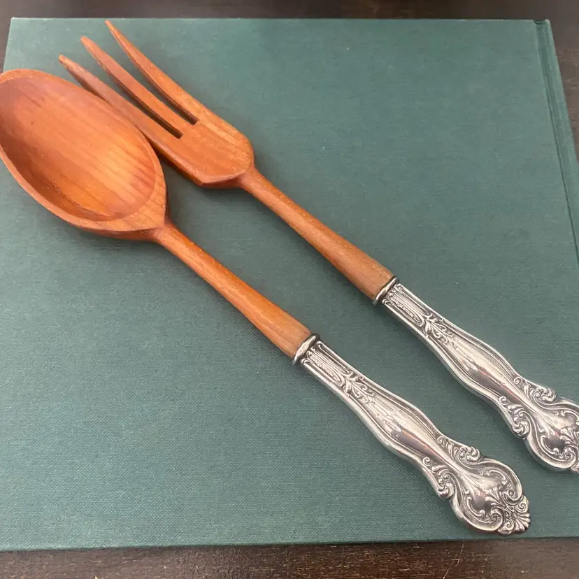 Vintage Salad Serving Set - Sterling Silver and Wood Spoon and Fork - Frank M. Whiting