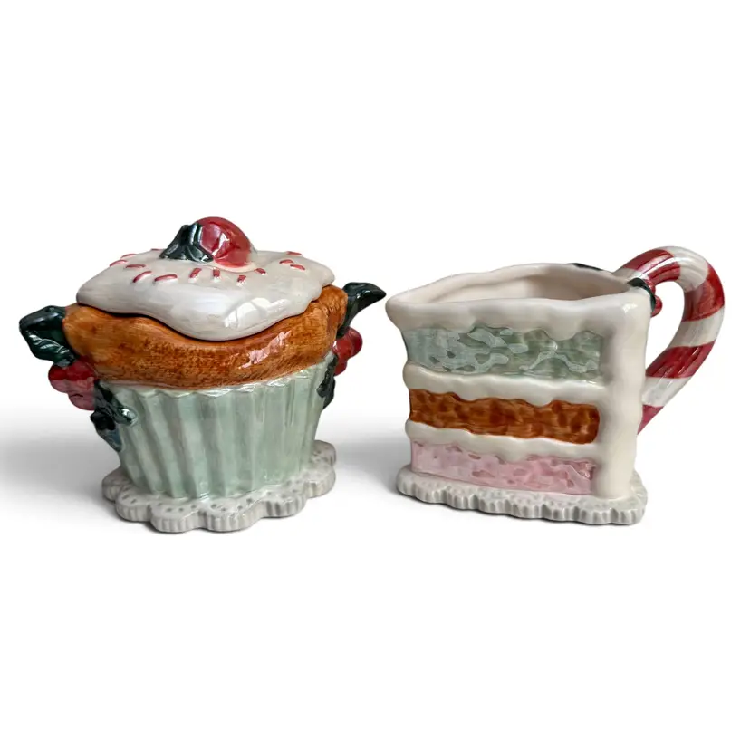 Vintage Department 56 Cupcake Sugar Bowl & Cake Slice Creamer Set RARE