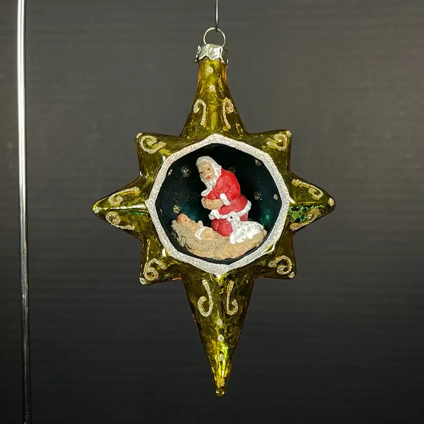 Santa & Baby Jesus Blown Glass Star of Bethlehem Vintage Christmas Ornament 5"