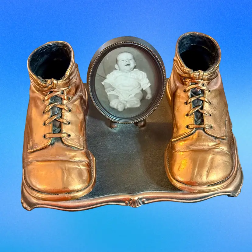Vintage Bronzed Copper-Plated Baby Shoes w B&W Baby Photo Ornate Footed Base