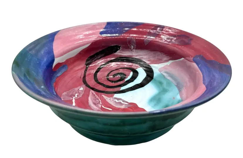 Signed KE Studio Art Pottery Bowl Abstract Swirl Pink Blue Teal Colorful 10”