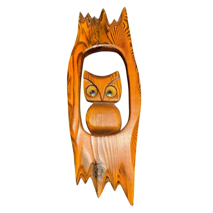 Vintage Burned Wood Owl Carved Green Mountain Wall Hanging Wall Decor Folk Art