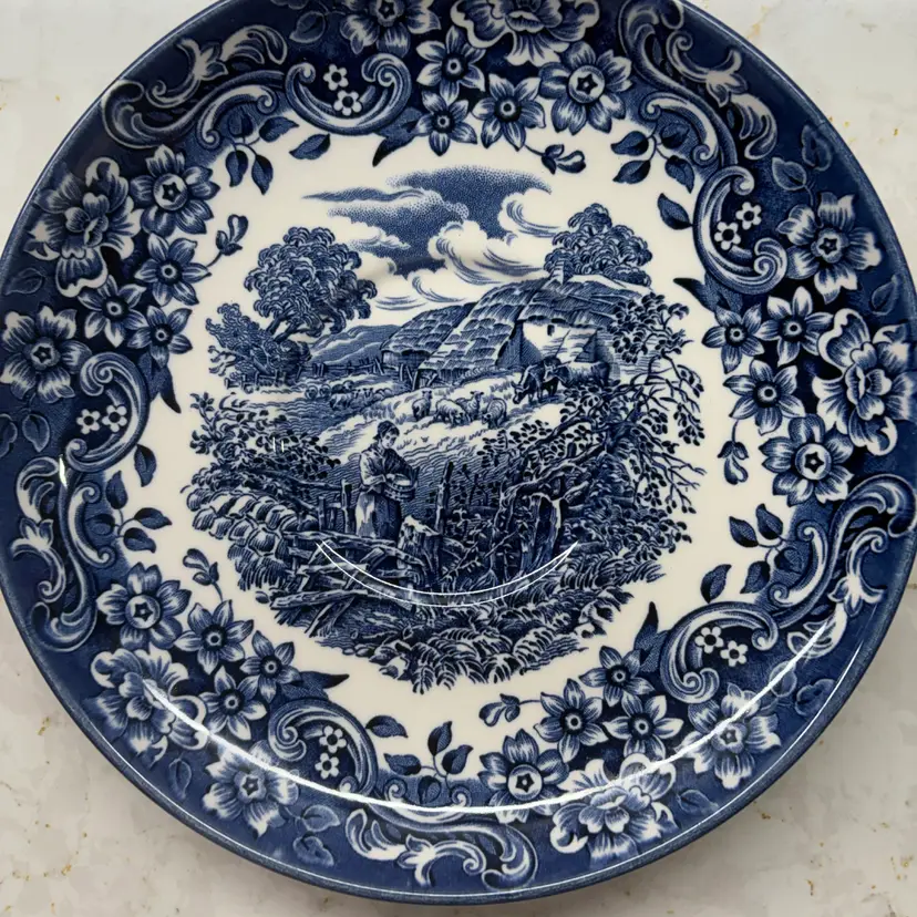 Vtg Staffordshire Red River Blue Transferware Saucer Plate Ironstone England