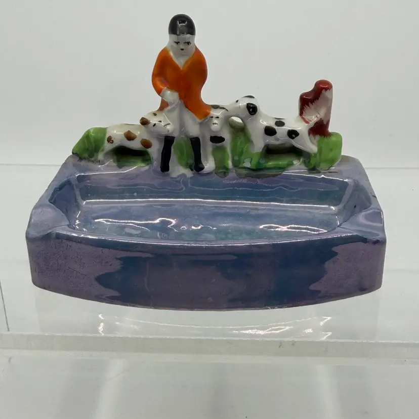 Vintage Ceramic Lusterware Ashtray Fox Hunting W Dogs Made in Japan