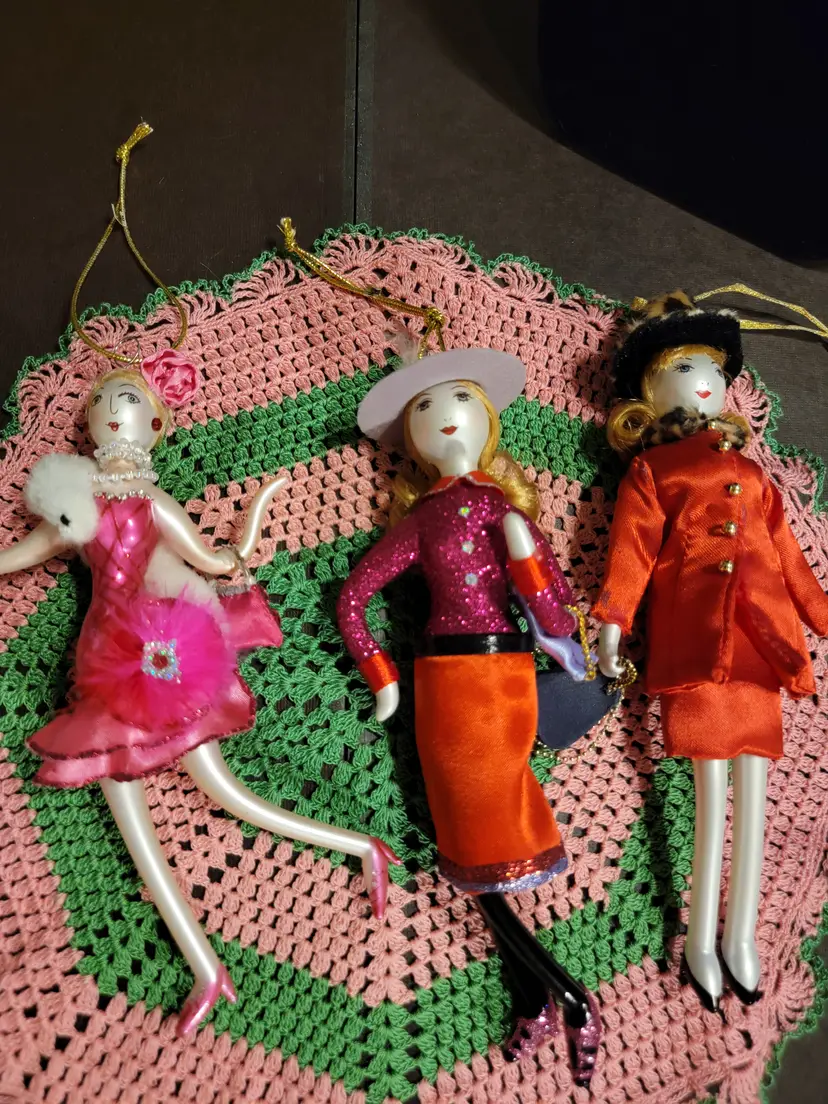 3 vintage Soffieria De Carlini Italian fashion ornaments feature hand-painted glittering couture-inspired outfits.