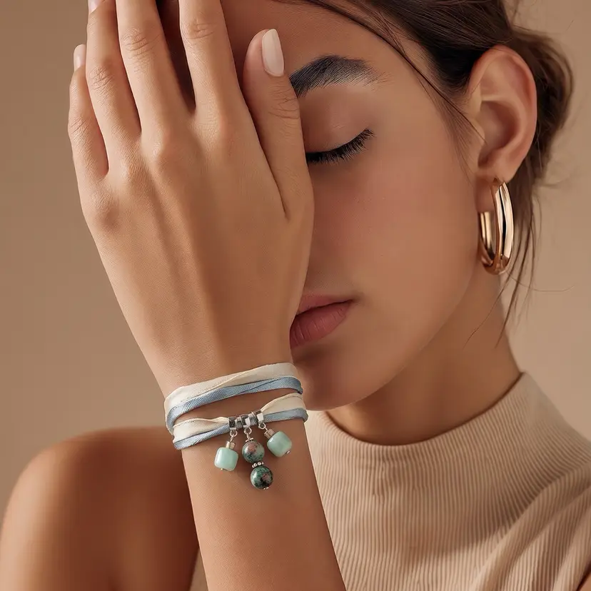 Handcrafted Blue And Cream Sari Silk Wrap Bracelet With Gemstone Charms