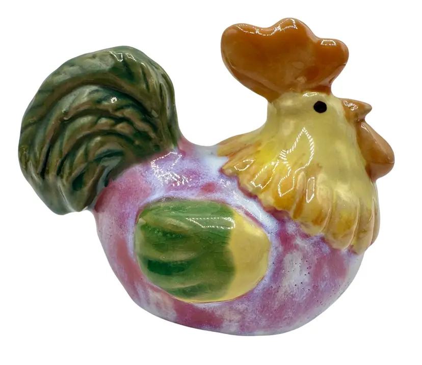 Vintage Pottery Ceramic Chicken Rooster Figurine Colorful Pastel Drip Glaze