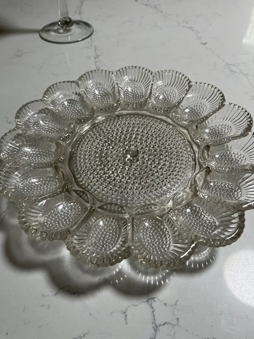 Vintage Indiana Glass 11" Deviled Egg Platter Clear Hobnail Scalloped Serving Tray