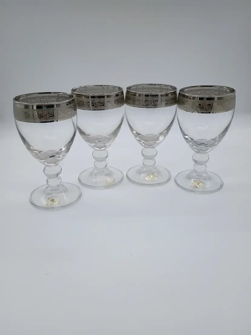Italy J. Preziosi Clear Stem Wine Glasses Set of 4 Platinum Greek Key Design Rim.