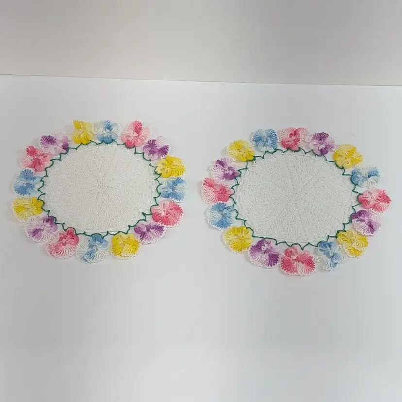 Vintage Pair of Crocheted Pansy Doilies Beautiful Spring Colors Easter 8.5" EUC