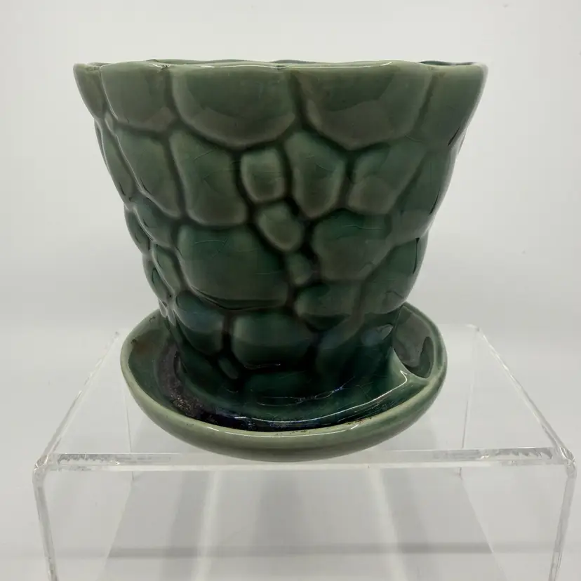Vintage Green Pebble Brush 330 Flower Planter Pot W Attached Dish 5.25”
