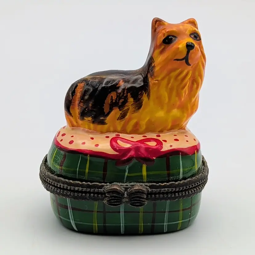 Yorkshire Terrier Yorkie Dog with Red Bow Miniature Ceramic Trinket Box