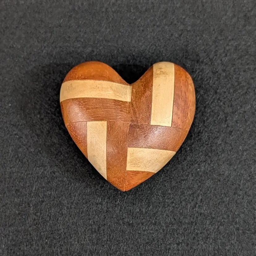 Wooden Pocket Heart Keepsake Multi Wood Woven Inlay Layered Design Love 1.75"