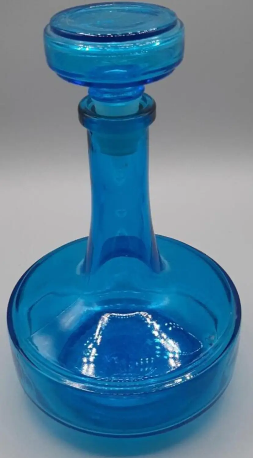 Vintage Belgian Blue Glass Decanter with Stopper, 8" Tall, Marked "Bottle 094 M A 8"