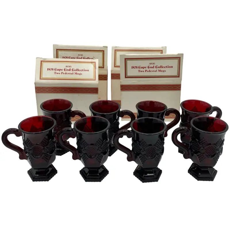 Set of 8 - Vtg. Avon 1876 Cape Cod Ruby Red Glass Pedestal Mugs, 5”, Boxed