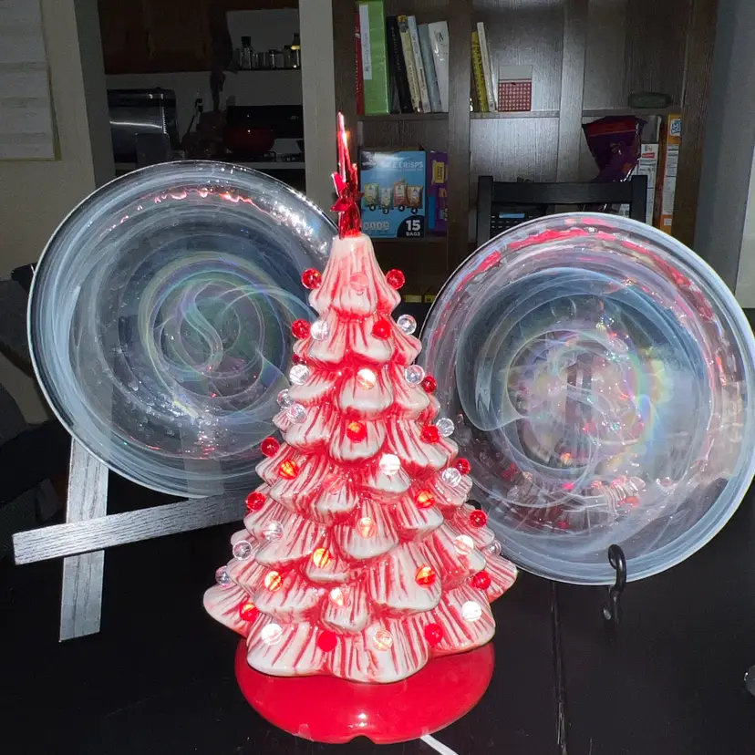 Contemporary Peppermint Ceramic Christmas Tree Red White All Lights Intact 15”