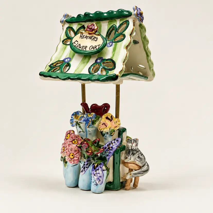 Vtg Blue Sky Clayworks Heather's Flower Cart Tealight Candle Holder, 7.25"