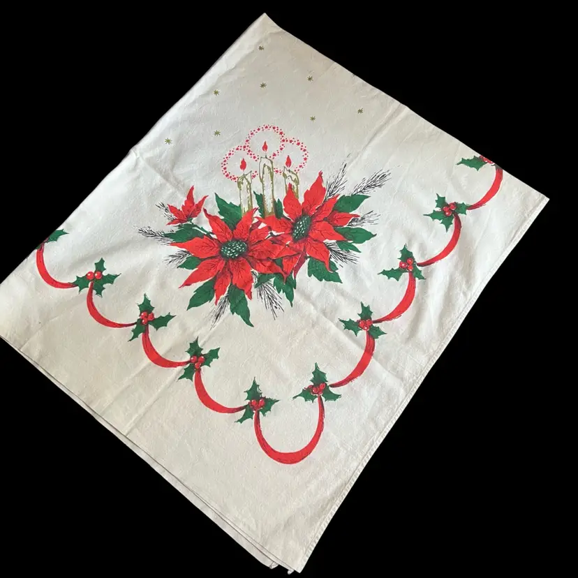 008 Vintage Cotton 45" X 52" Poinsettias And Candles Christmas Tablecloth
