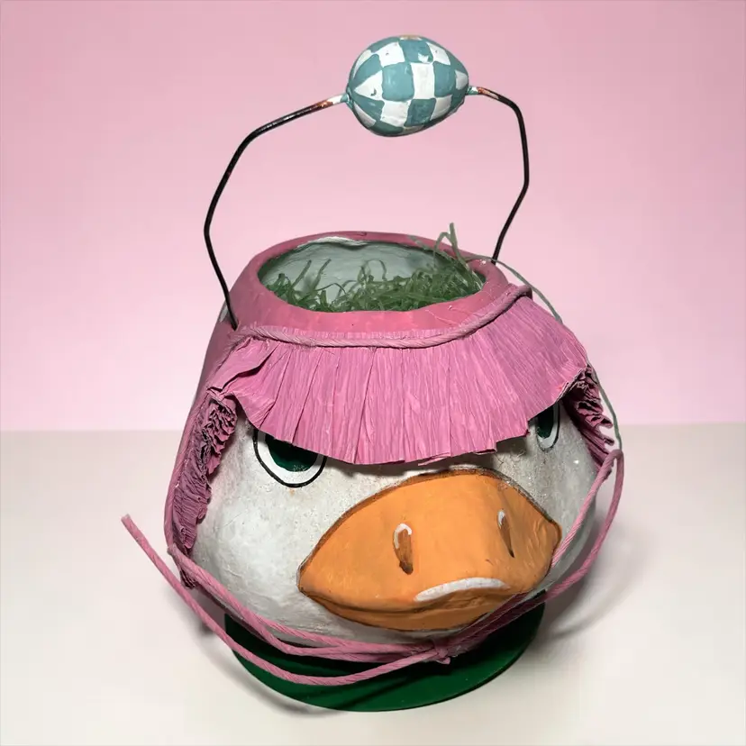 Dept 56 Easter / Spring Paper Mache Bucket Duckling Wearing Bonnet W/ Egg
