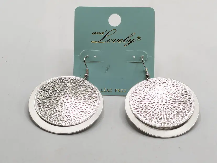 And Lovely Silver Tone Filigree Round Dangle Earrings NWT