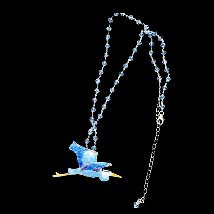 Sterling Guilloche Cloisonné Great Blue Heron Necklace with Austrian Crystals