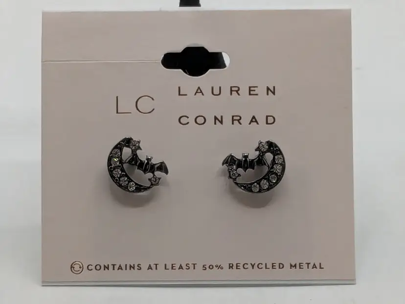 Lauren Conrad Halloween Bat Rhinestone Moon Earrings Spooky Jewelry NWT