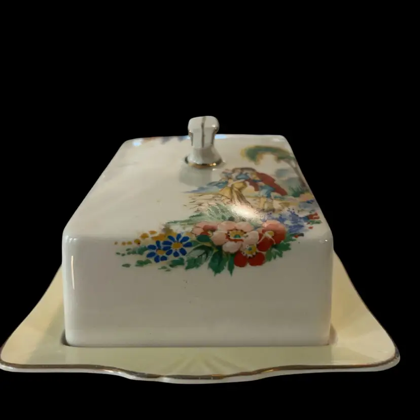 H&K Tunstall Made in England Ceramic Covered Butter Dish, Floral Romantic