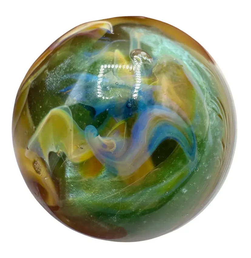 Handmade Art Glass Marble Multicolored Swirl Green Shimmer Yellow Blue .93”
