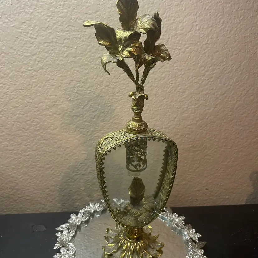 1930 HTF Hollywood Regency Ormolu beveled glass iris perfume bottle