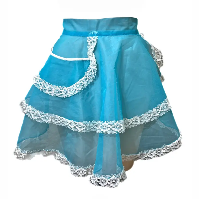 Vintage French Maid Organdy Half Apron Blue Ruffled Layered Hostess Sheer