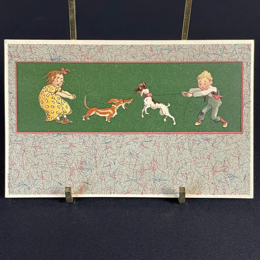 Funny Children & Wiener Dogs Dachshund Linen Postcard 1930s 1940s Vintage 3.5x5.5"