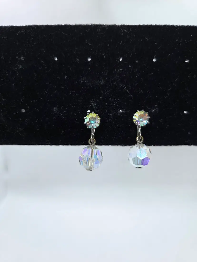 Pair of Vintage Aurora Borealis Crystal Silvertone Clip On Dangle Earrings