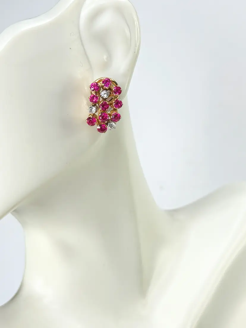 c50's 18K Gold Ruby & Diamond Cluster Earrings Omega Backs 5.9g 16.8mm JR1991