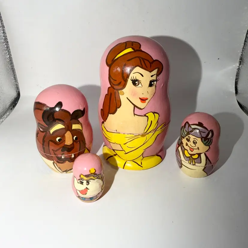 RARE HTF Vintage Wooden Beauty & The Beast Nesting Dolls Set Of 4
