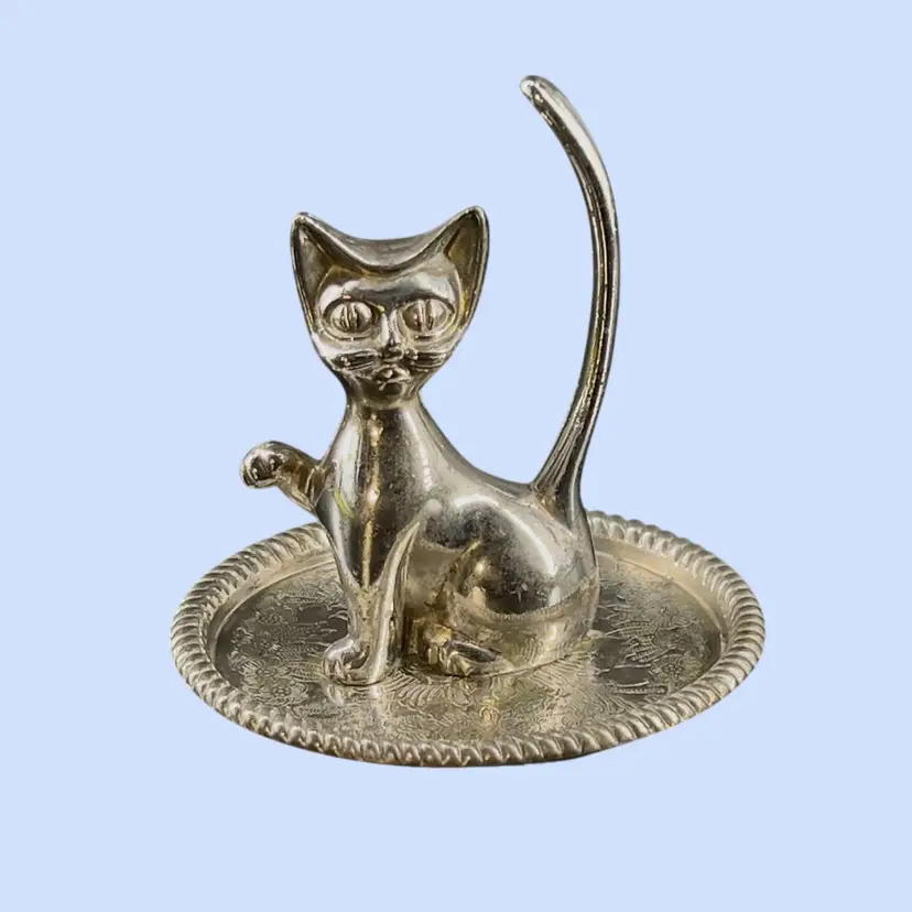 #354- Vintage Cat Trinket Dish Jewelry Ring Holder Silver Plated