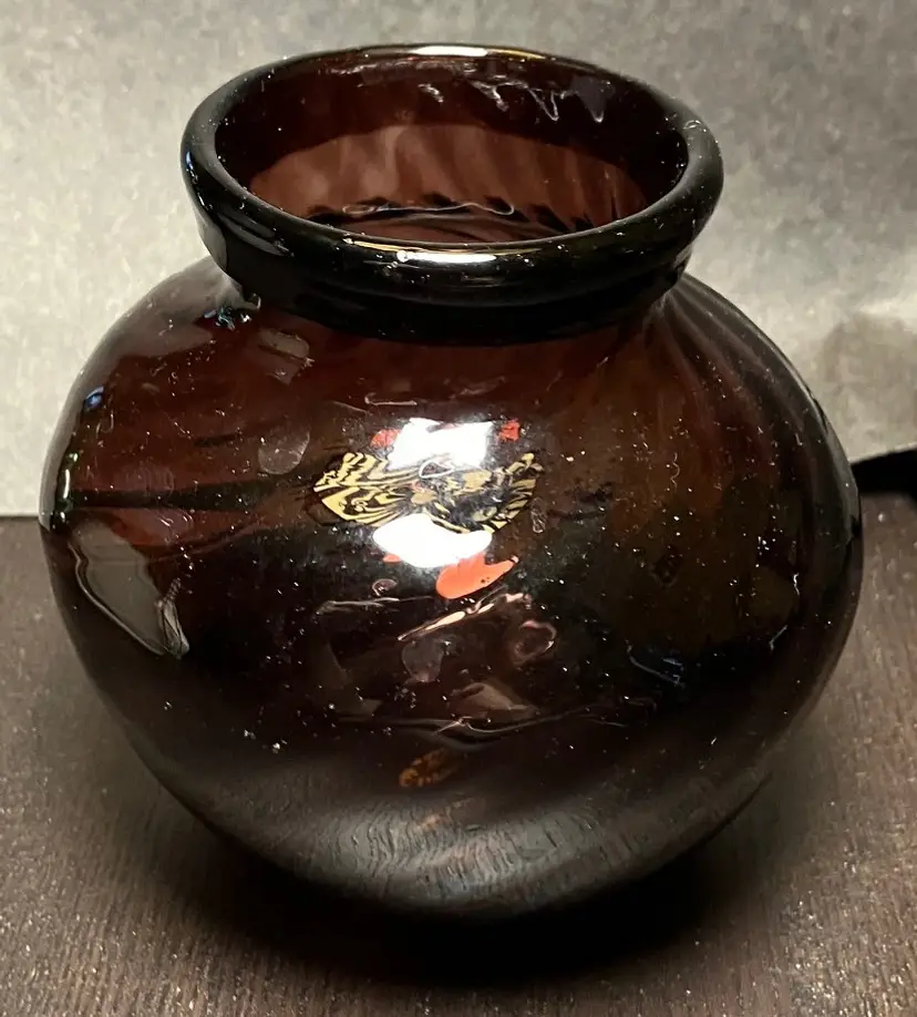 VTG Handblown Amethyst spiral Bulbous Squat Glass Vase Rolled Rim