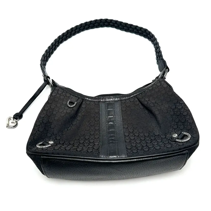 Brighton Black Leather Accents Braided Strap Fabric Shoulder Bag Purse 11 X 8 X 4