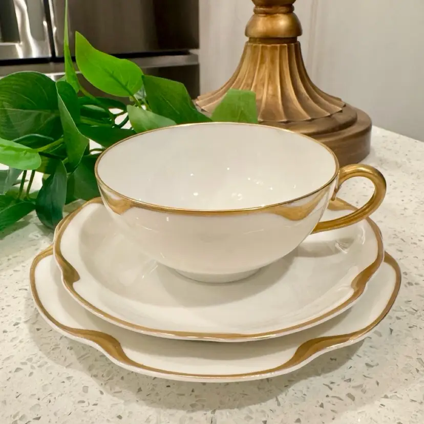 😻 Haviland France Limoges 3-Piece Tea Trio – White Porcelain with Elegant Gold Trim