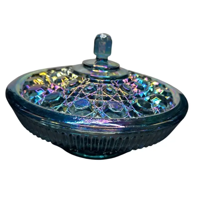 Vintage Iridescent Blue Carnival Glass Lidded Candy Dish Windsor Button And Cave Pattern With Original Box 
Dish 7 1/2x5