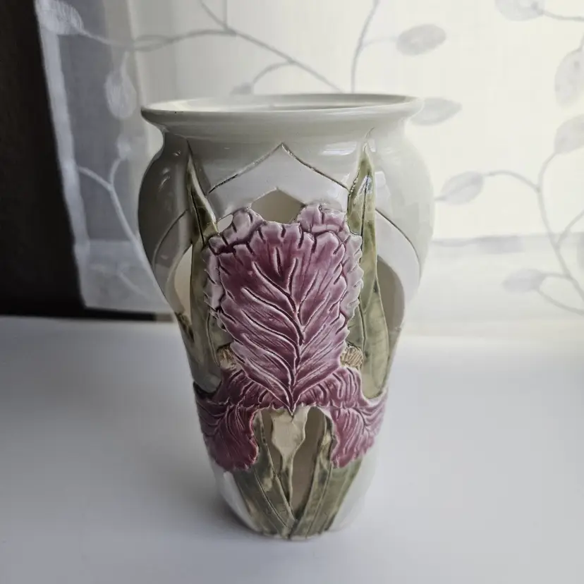 Vintage Majolica Vase Purple Iris Signed Studio Pottery