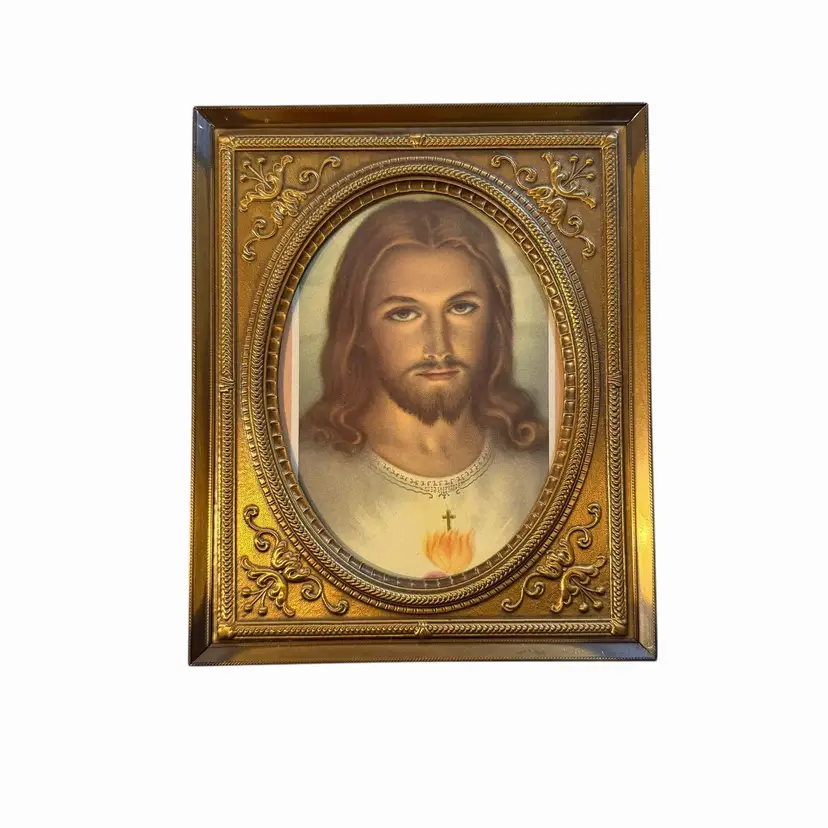 Vintage Ornate Gold Tone Metal Picture Frame Jesus Sacred Heart Floral