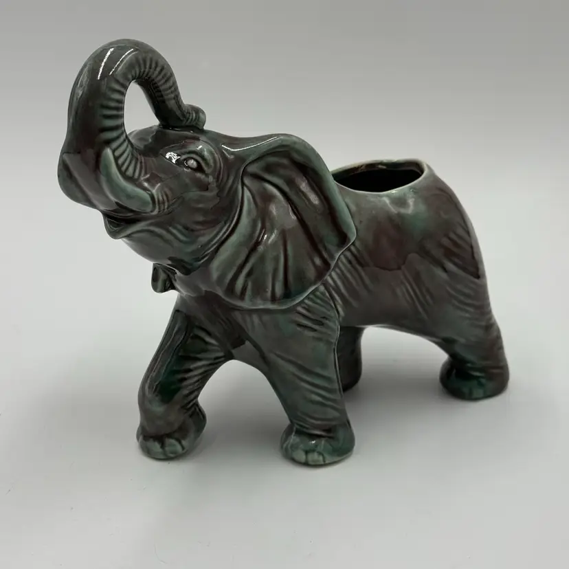 Elephant Vintage Ceramic Planter Trunk Up Green Maroon Drip Glaze Pottery