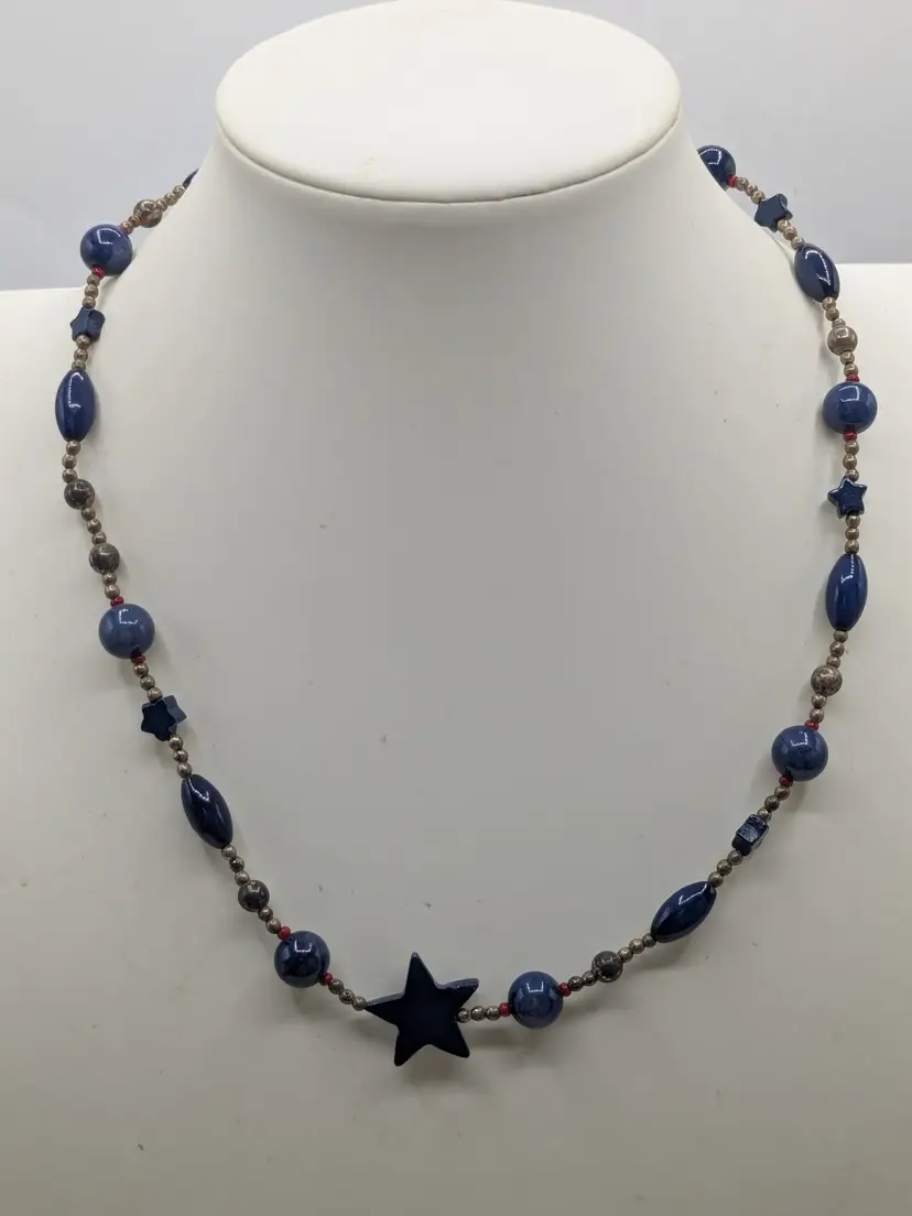 Artisan Cobalt Blue Glass Beaded Star Antiqued Gold Tone Necklace