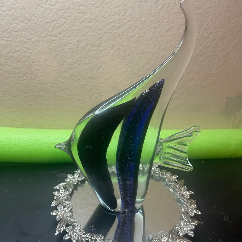 Gorgeous 10” Tall Art Glass Fish with Silver Aventurine & Cobalt Blue marbled patterning.