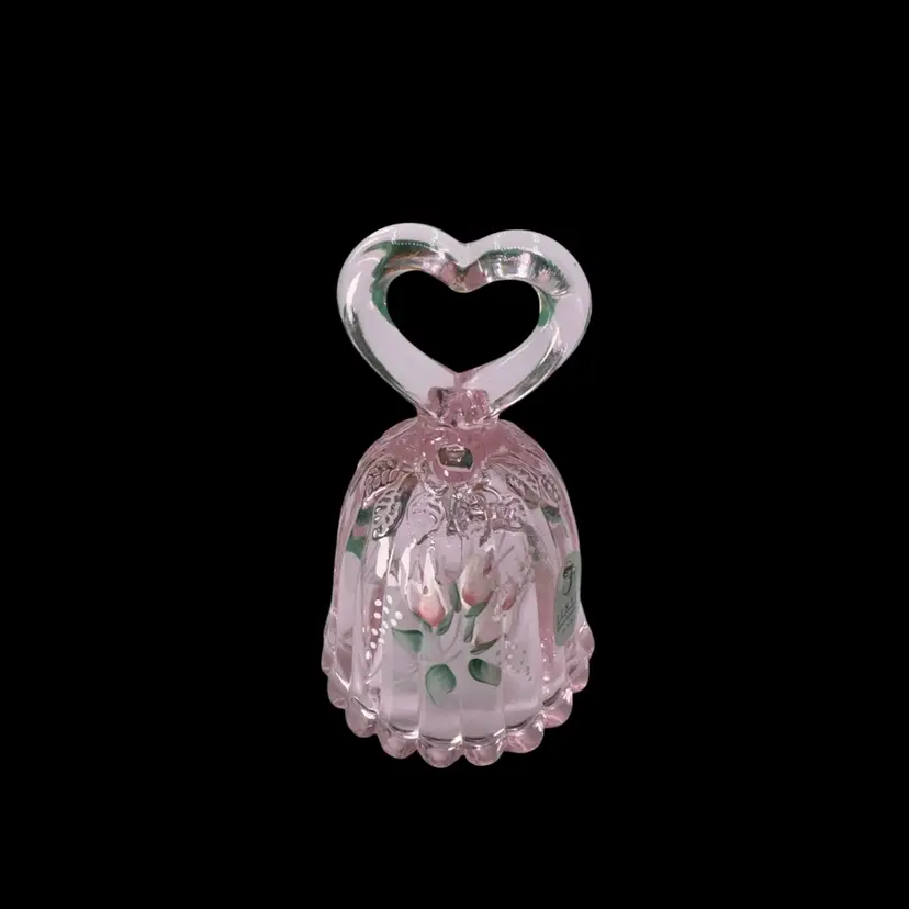 Fenton Mini Pink Ivy Hand Painted Ribbed Bell 3 1/4” Stickered Signed