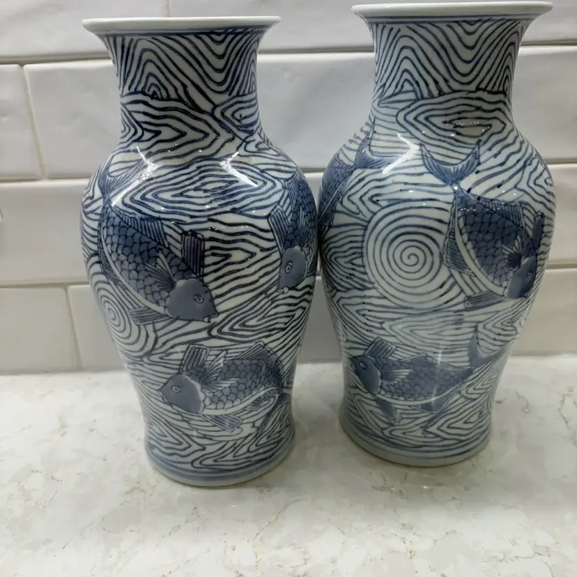 Pair Chinese Cobalt Blue White Porcelain Koi Fish Vases Chinoiserie 9.5"