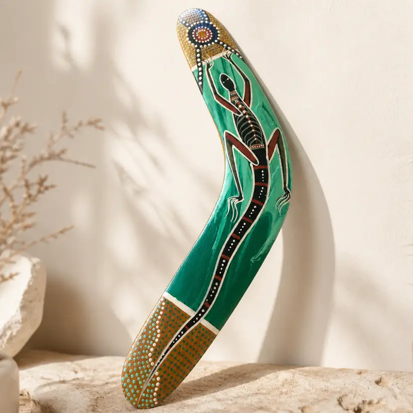 Wooden Austrailian Aboriginal Boomerang w/ Dot Art & Lizard Design by Waterhole Dreaming