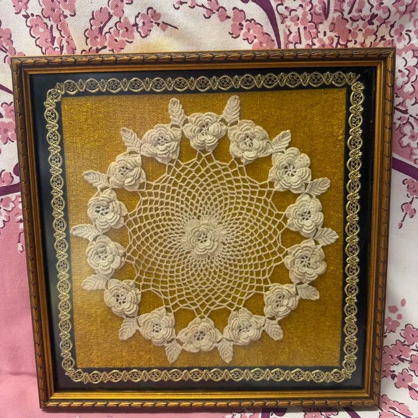 Vintage Framed Handmade Crocheted Doily Gold Velvet Mat & Decorative Border 13”